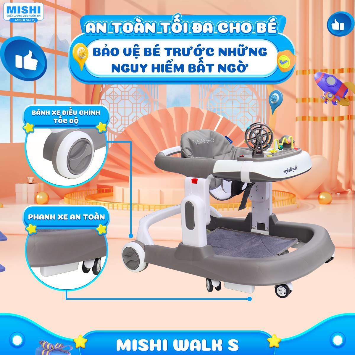 Xe Tập Đi Cho Bé MiShi Walk S Green 17 xe tap di cho be 4
