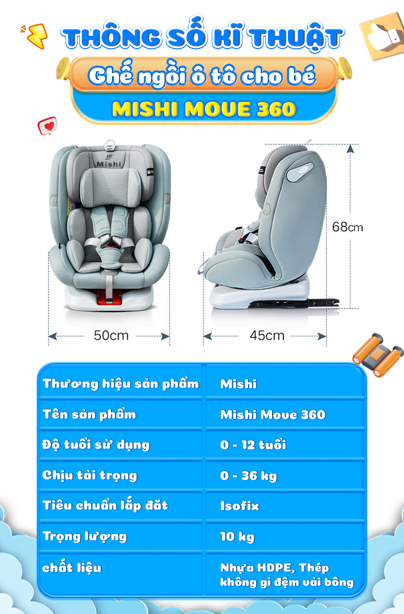 Ghê Ngồi Ô Tô Cho Bé MiShi Move 360 - Brown 26 20