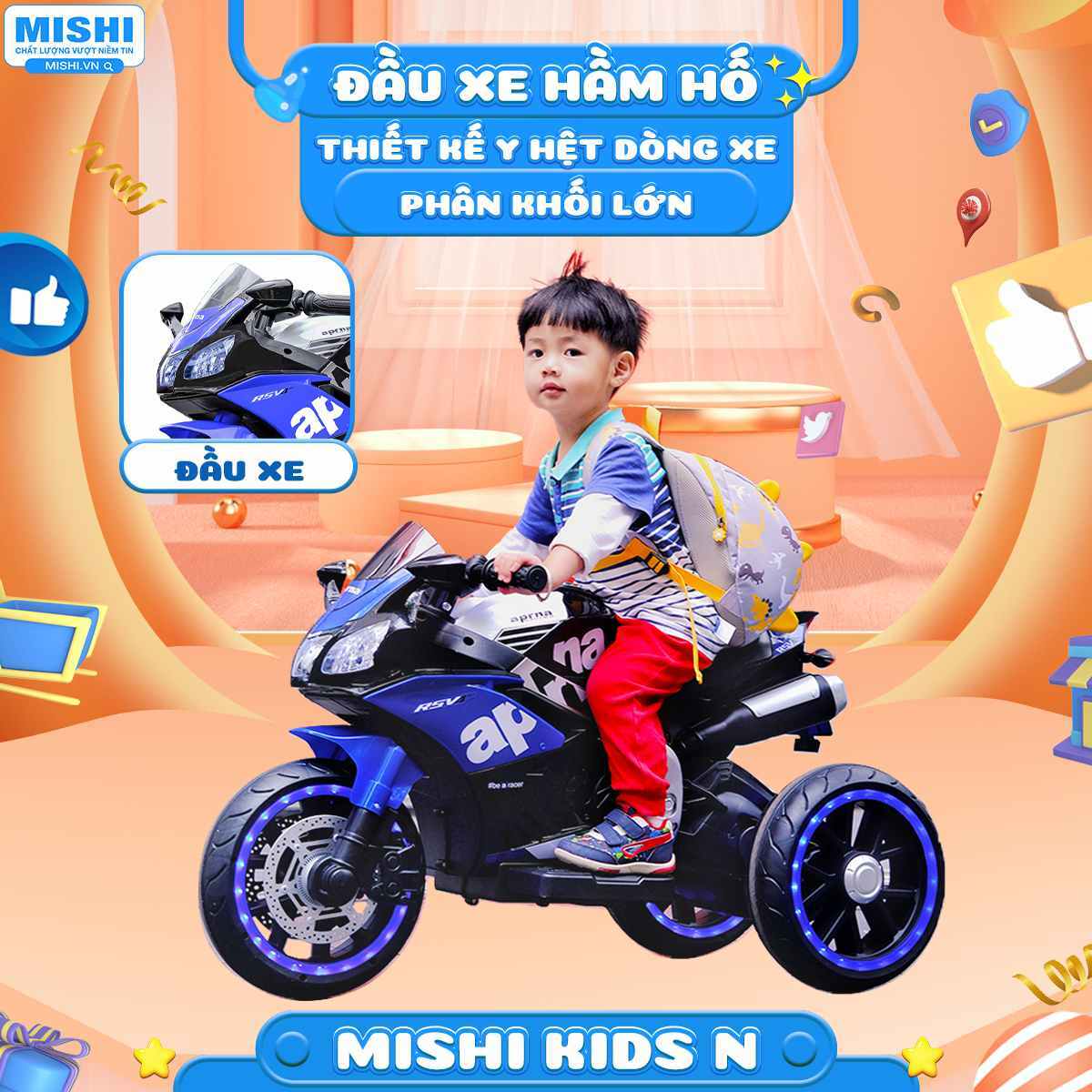 Xe Máy Điện Trẻ Em MiShi Kids N Red 16 Đầu xe thiết kế hầm hố y hệt dòng xe phân khối lớn