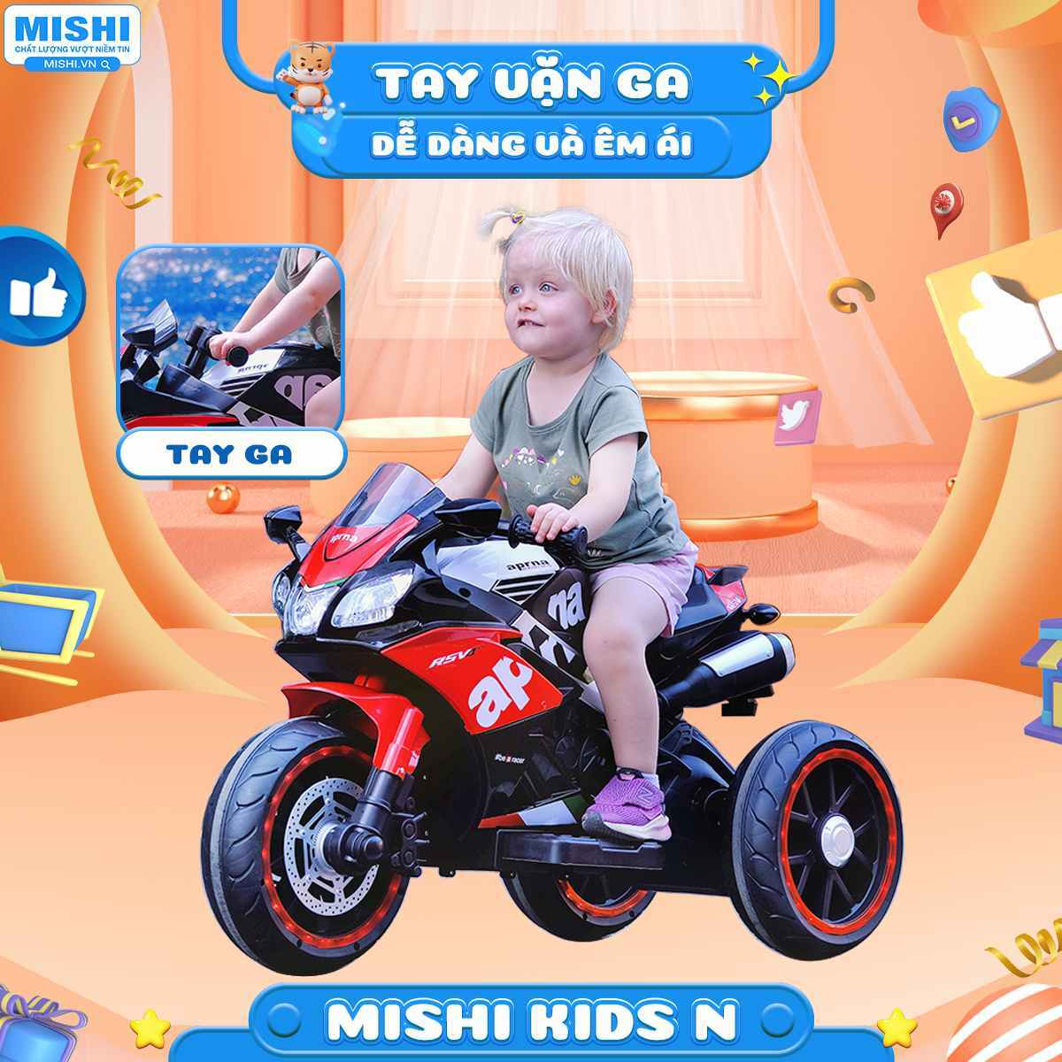 Xe Máy Điện Trẻ Em MiShi Kids N Red 14 Xe Máy Điện Trẻ Em mishi kids n tích hợp tay vặn ga dễ dàng và êm ái