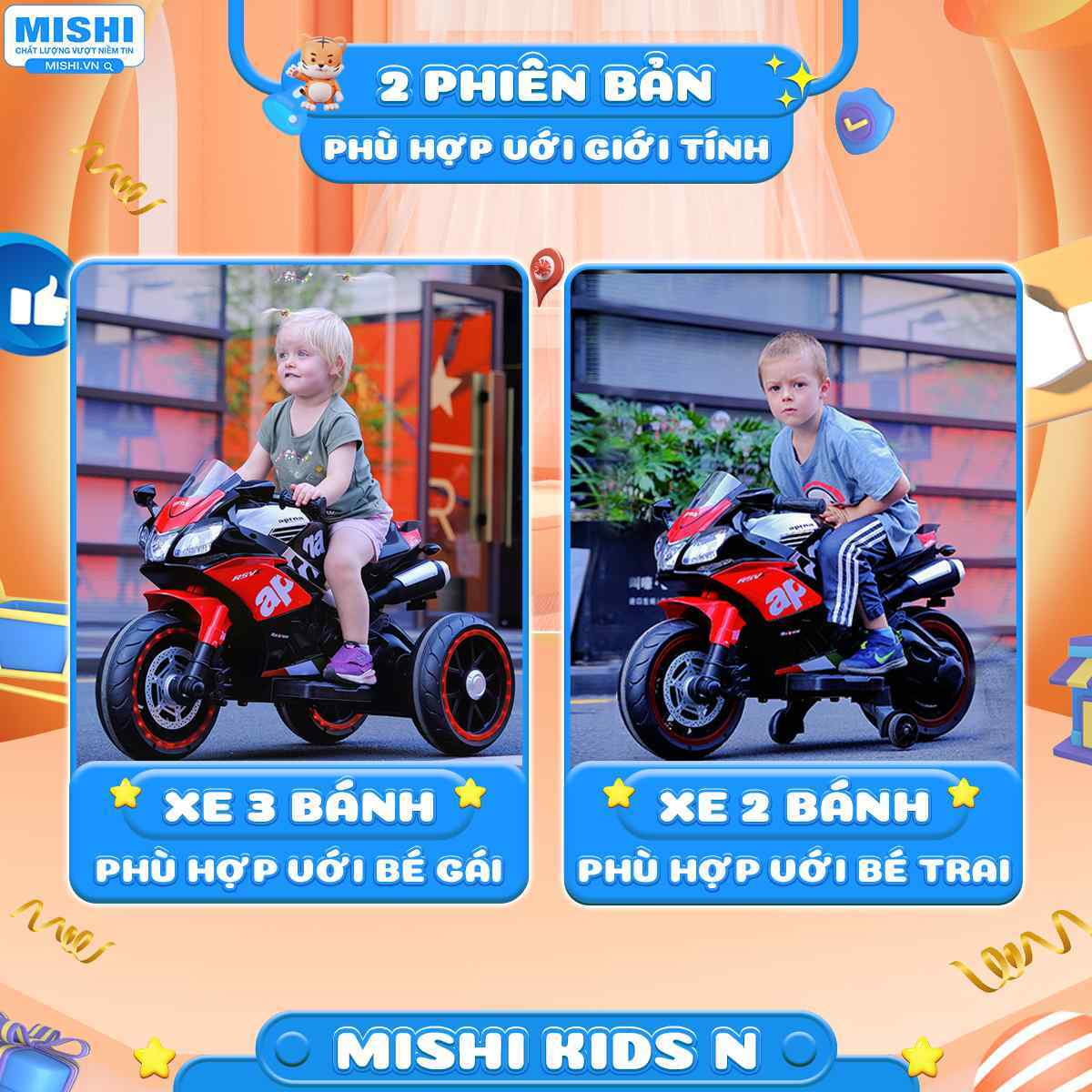 Xe Máy Điện Trẻ Em MiShi Kids N Red 19 có 2 dòng xe máy điện 3 bánh trẻ em và xe máy điện 2 bánh trẻ em