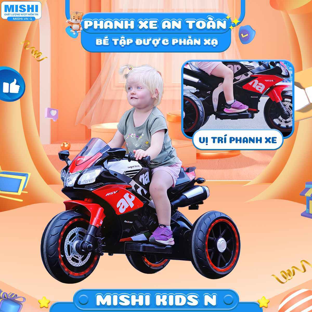 Xe Máy Điện Trẻ Em MiShi Kids N Red 15 Xe Máy Điện Trẻ Em mishi kids n tích hợp phanh xe an toàn giúp bé tăng khả năng phản xạ