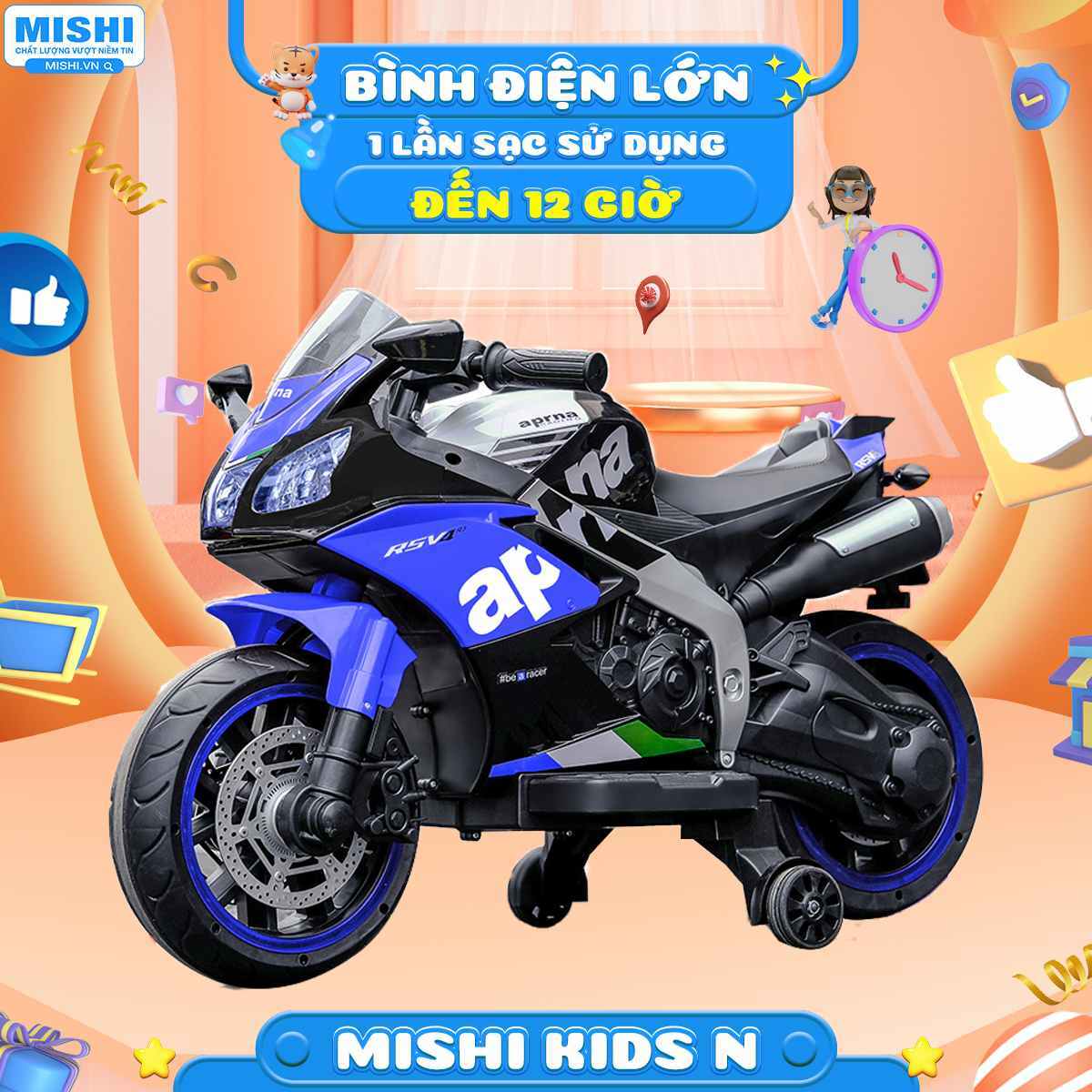 Xe Máy Điện Trẻ Em MiShi Kids N Red 13 Xe Máy Điện Trẻ Em mishi kids n dùng bình sạc điện lớn, 1 lần sạc sử dụng đến 12 giờ