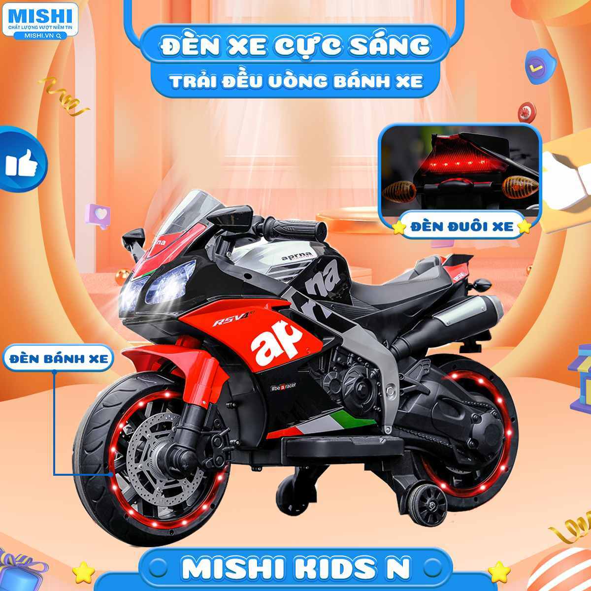 Xe Máy Điện Trẻ Em MiShi Kids N Red 18 xe được tích hợp đèn bánh xe cực sáng