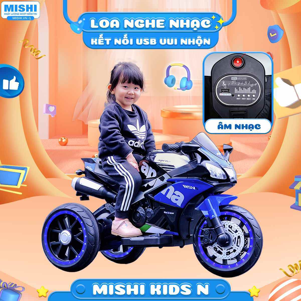 Xe Máy Điện Trẻ Em MiShi Kids N Red 17 xe máy điện trẻ em mishi có loa nghe nhạc kết nối usb vui nhộn